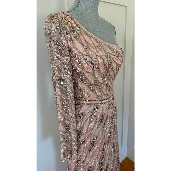 MacDuggal One Shoulder Sequin Gown Maxi in Pink/Silver Size 8 Beaded Long Sleeve - Picture 5 of 9